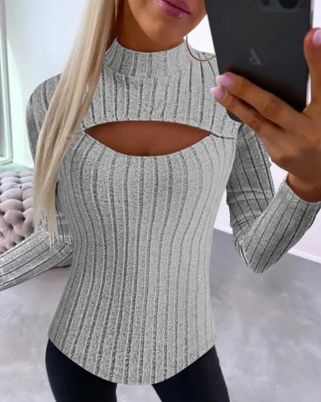Maxy Standing Collar Hollow Out Long Sleeve Rib Top New Fashion Hot Selling Women's Autumn and Winter