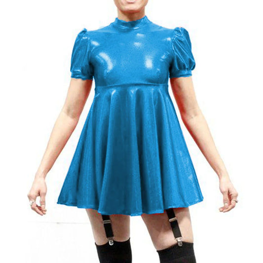 Maxy Plus Size Latex-look Mini Dresses Fashion Mock Neck Pleated A-Line Sissy Dress Rave Party Swing Short Dresses Male PVC Vestidos