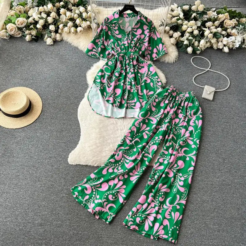 Maxy Fashion Floral Two Piece Set For Women Print Short Sleeve Lapel Tops+High Waist Wide Leg Pants 2 Pieces Sets Summer Suit