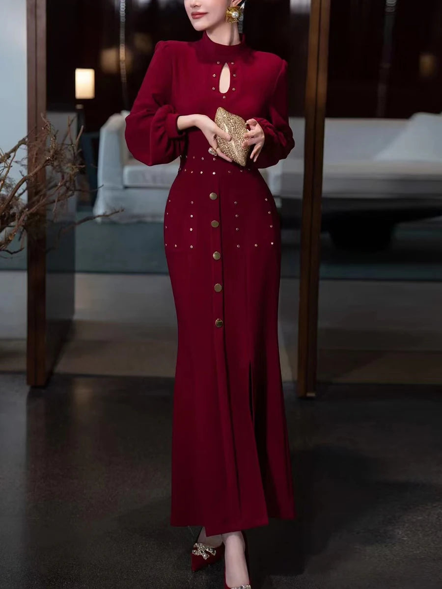 Amay Retro Solid Patchwork Rivet Dress for Women Stand Collar Hollow Out Lantern Sleeve High Waist Split Long Dresses Female