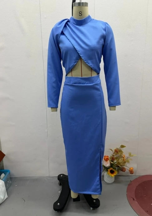 Maxy Elegant two piece set for woman Business casual autumn fashion solid color O-neck pleated hem crop top hem slit long skirt set