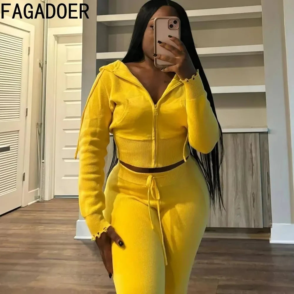 Maxy FAGADOER Casual Knitting 2 Piece Sets Women Outfit Solid Color Zip Crop Hooded Top + Flare Pants Suits Female Streetwear
