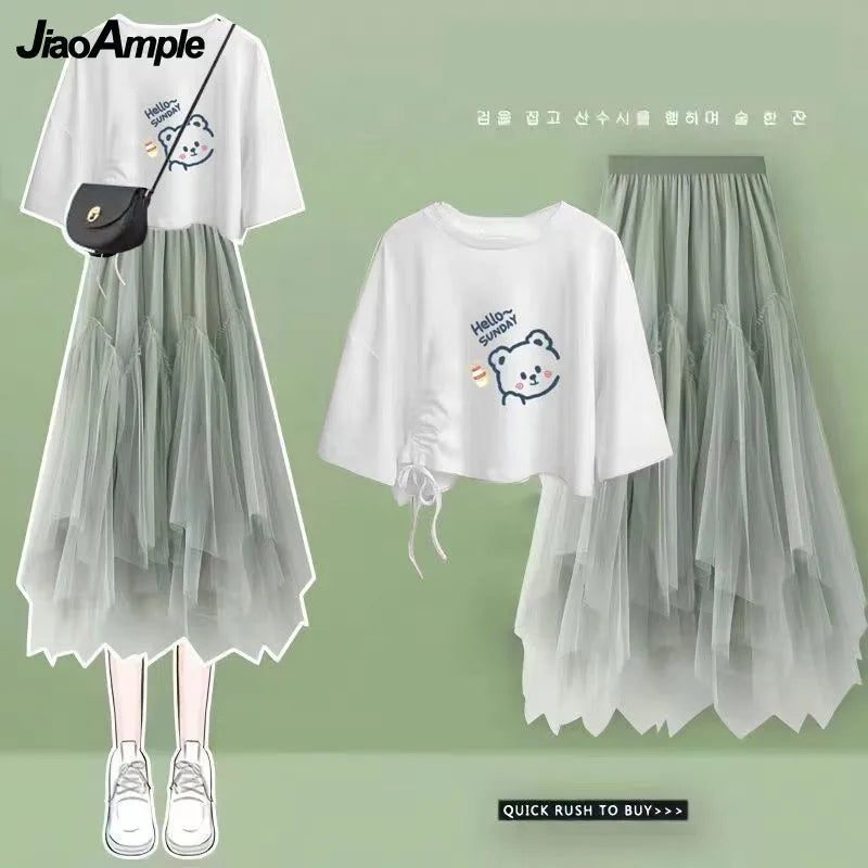 Maxy Summer New Korean Elegant Cute Short Sleeved T-shirt+Mesh Midi Skirt Two Piece Suit Women's Loose Top Dress Matching Set