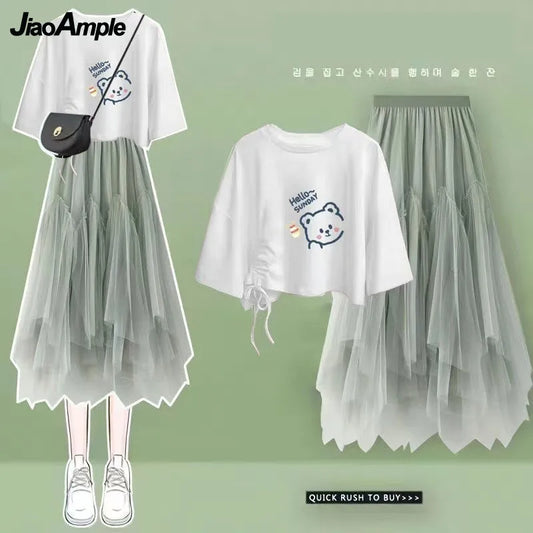 Maxy Summer New Korean Elegant Cute Short Sleeved T-shirt+Mesh Midi Skirt Two Piece Suit Women's Loose Top Dress Matching Set