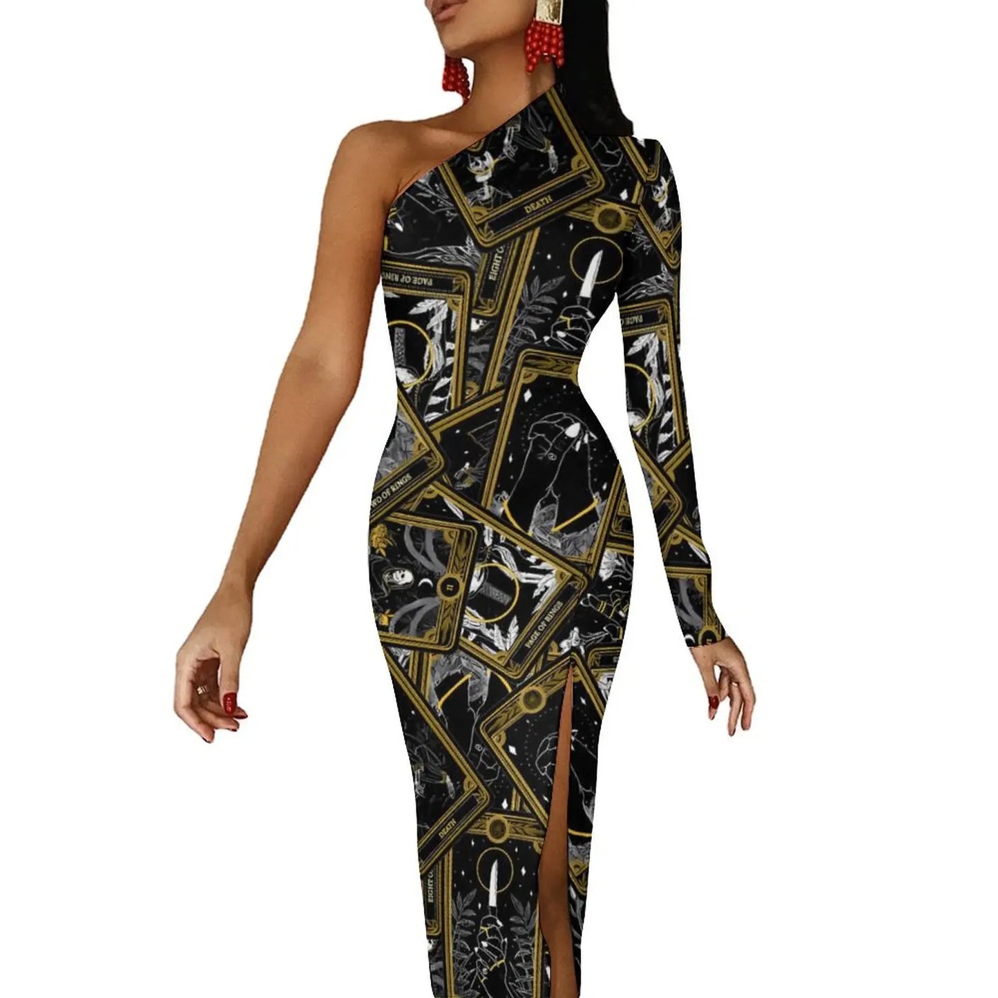 Maxy Gold And Black Tarot Bodycon Dress Women's Major Arcana Night Club Maxy Dress Long Sleeve Party Custom Dresses Birthday Present