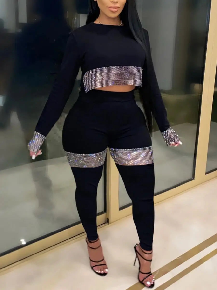 Maxy Plus Size Two Pieces Set Crop Top See Through Sequined Pants Set Autumn New Fashion Women's Long Sleeve Top Skinny Pants Set
