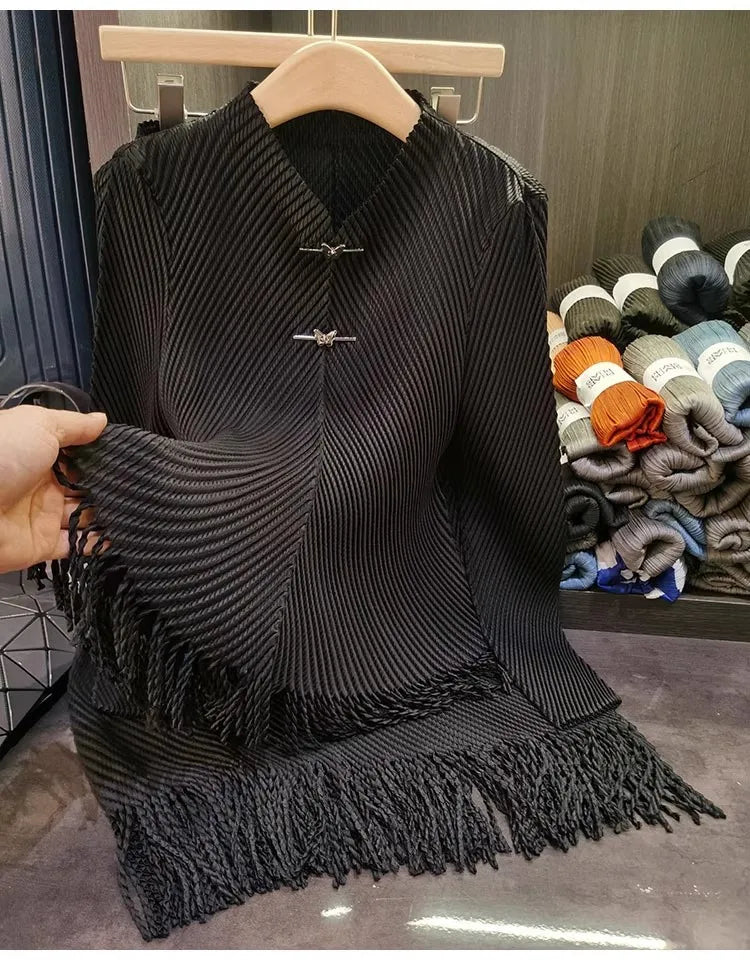 Maxy Miyake Pleated Tassel 2 Pieces Skirt Suit Women Long Sleeve Metal Butterfly Buttons High Stretch Tops + A-Line Midi Skirt Set
