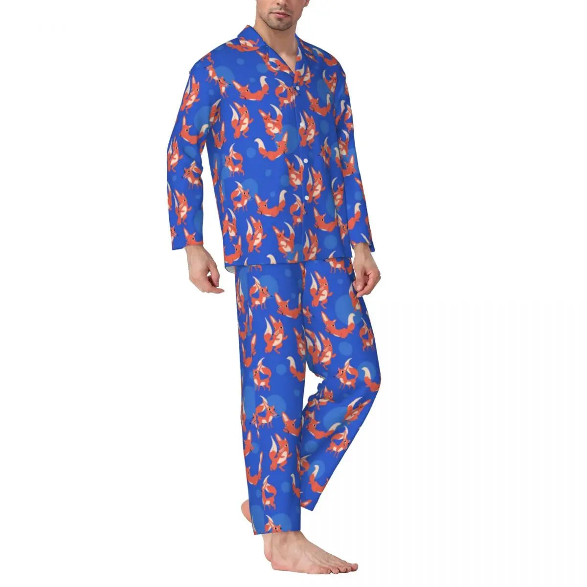 Maxy Cute Fox Print Pajama Sets Funny Christmas Kawaii Sleepwear Man Long Sleeve Loose Leisure 2 Pieces Nightwear Big Size XL 2XL