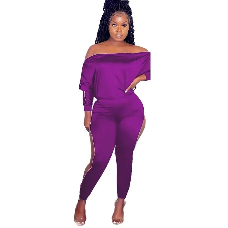 HLJ&GG Autumn New Side Zipper Skinny Pants Two Piece Sets Women Off Shoulder Long Sleeve Top And Pants Outfits Casual Tracksuits