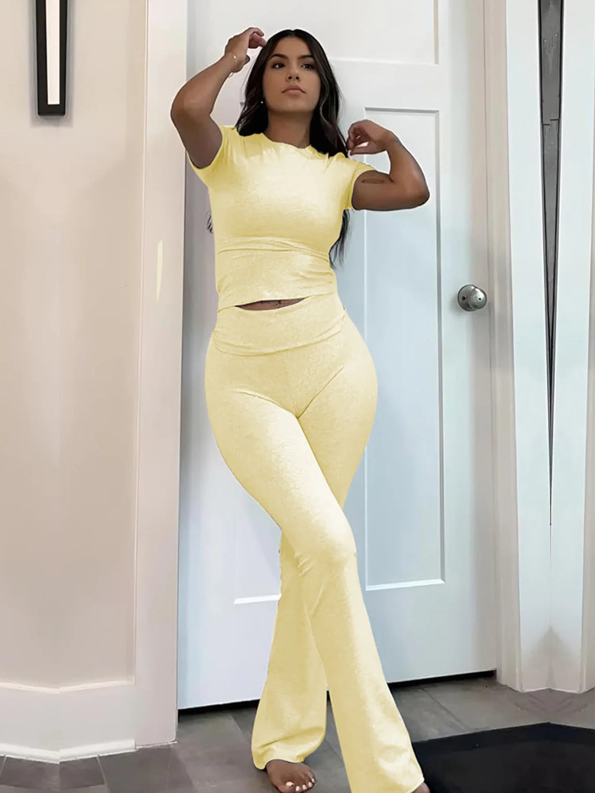 Maxy Casual Workout Two Piece Outfits for Women Short Sleeve Crop High Waist Foldover Flare Pants Tracksuit Sets Streetwear