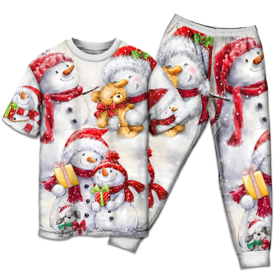 Christmas Snowman In Love So Happy Xmas Painting Style - Pajamas Short Sleeve 3D All Over Printed Kids Pajamas Cosplay Clothes