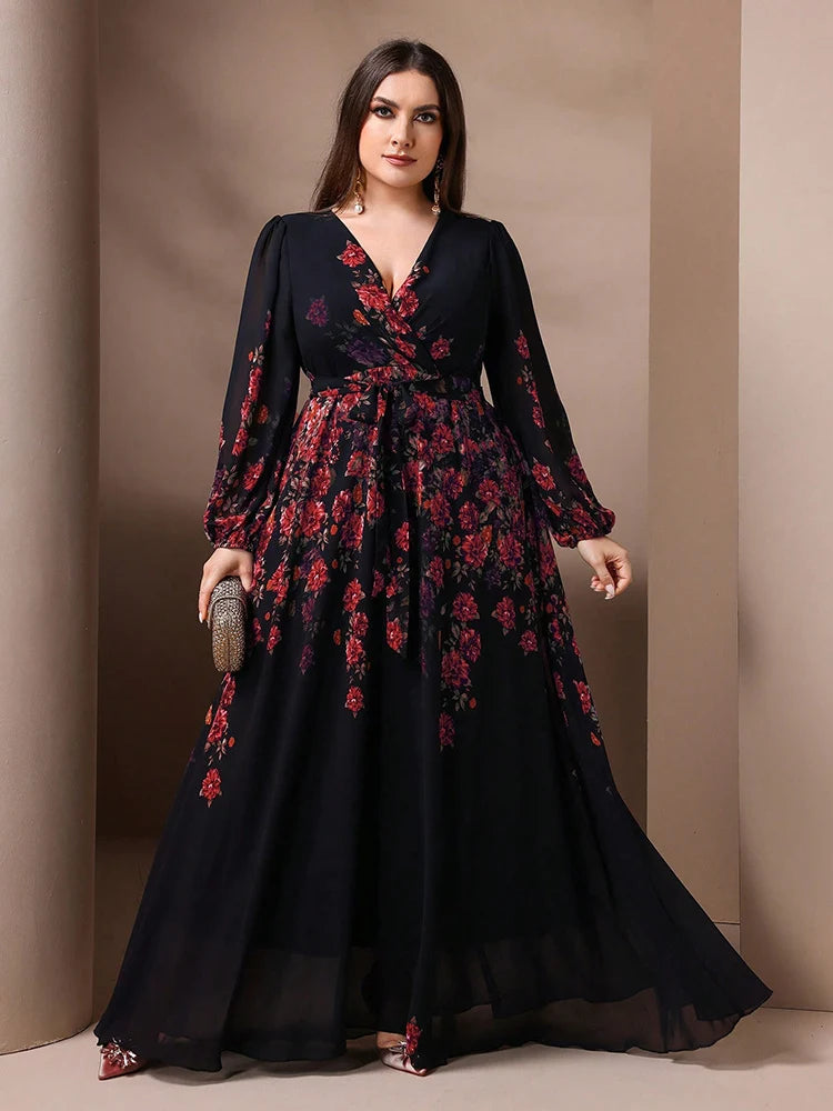 TOLEEN 2024 New Spring Summer Casual Elegant Formal Party Maxi Dresses Plus Size Women's Floral Print V-Neck Long Sleeve Dress