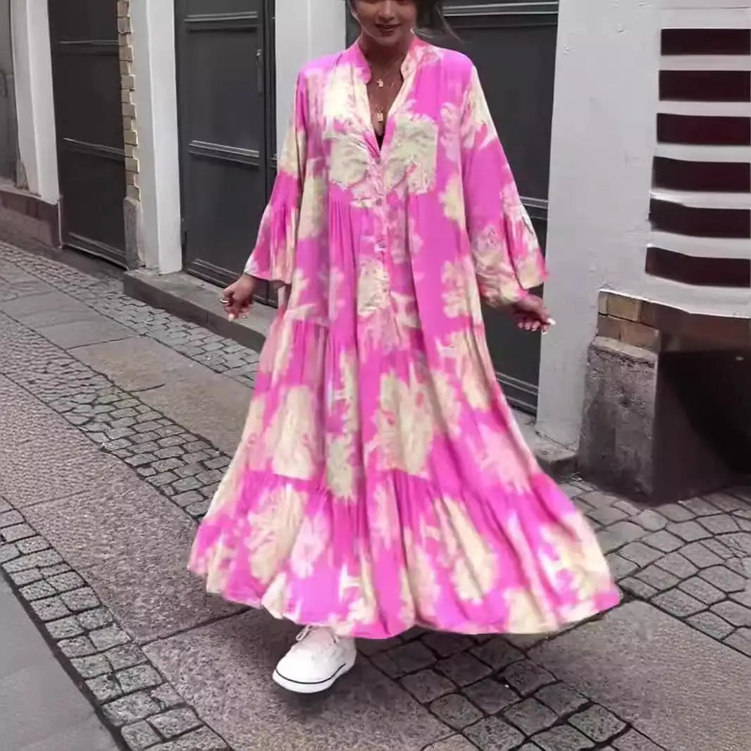 Maxy Plus Size Floral Print Dress V-Neck Button Front Flared Sleeve Summer Beach Vacation Boho Long Dresses Outfit For Woman