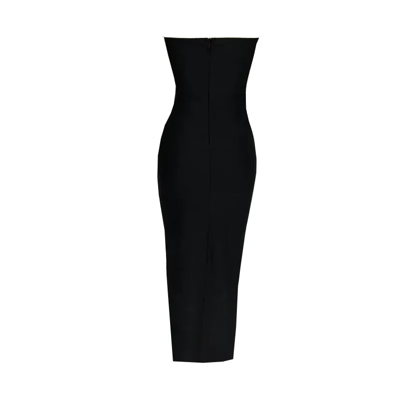 Maxy New Summer Black Strapless Long Split Bandage Dress Sexy Elegant Women's Night Club Celebrity Evening Party Bodycon Dreess