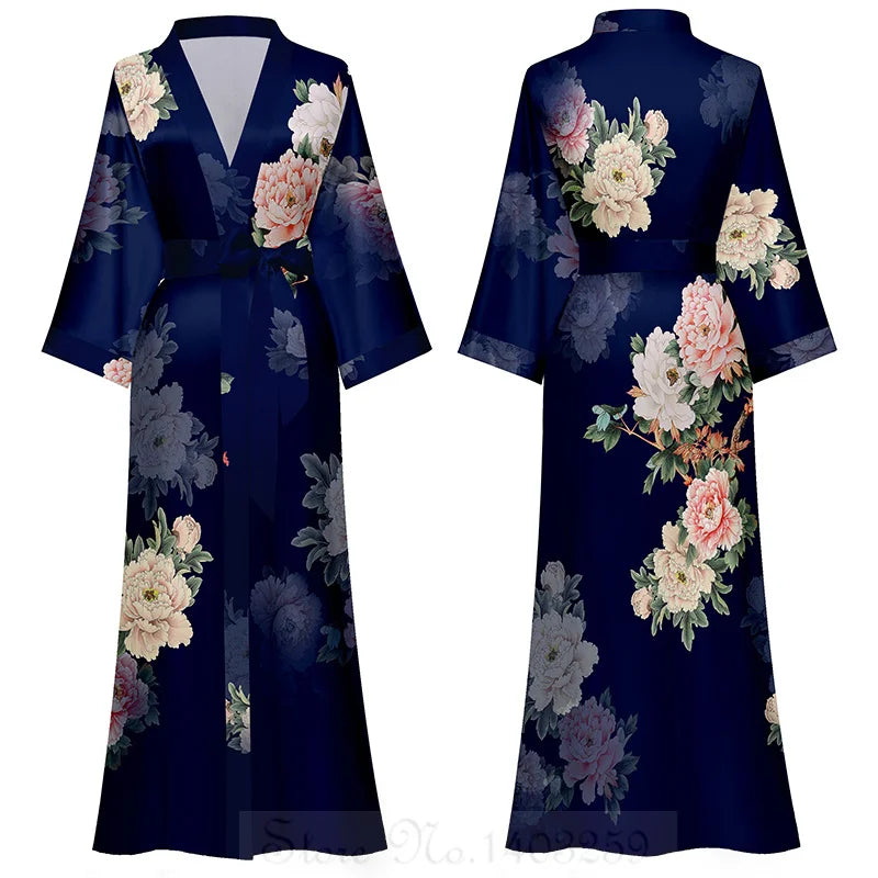 Maxy Japanese Style Half Sleeve Kimono Bathrobe Gown Female Long Robe Nightgown Sleepwear Loose Satin Print Flower Home Dressing Gown