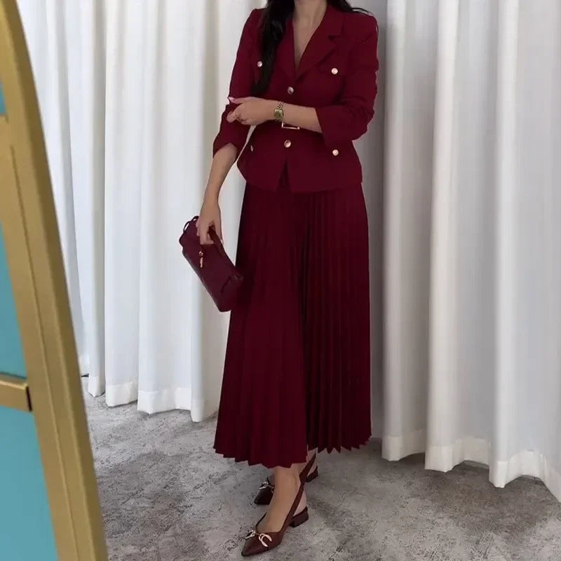 Maxy Women's Two Pieces Set Blazer Lady Pleated Long Dress Spring New in Matching Sets Button Temperament Elegant Women's Sets