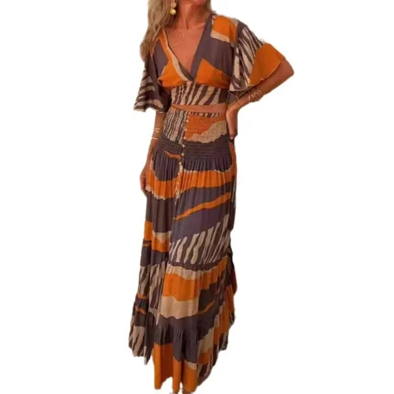 Maxy Boho Dress Women's Sexy Deep V-belt Top Set Skirt Pleated Slit Casual Beach Skirt Temperament Commuting Summer