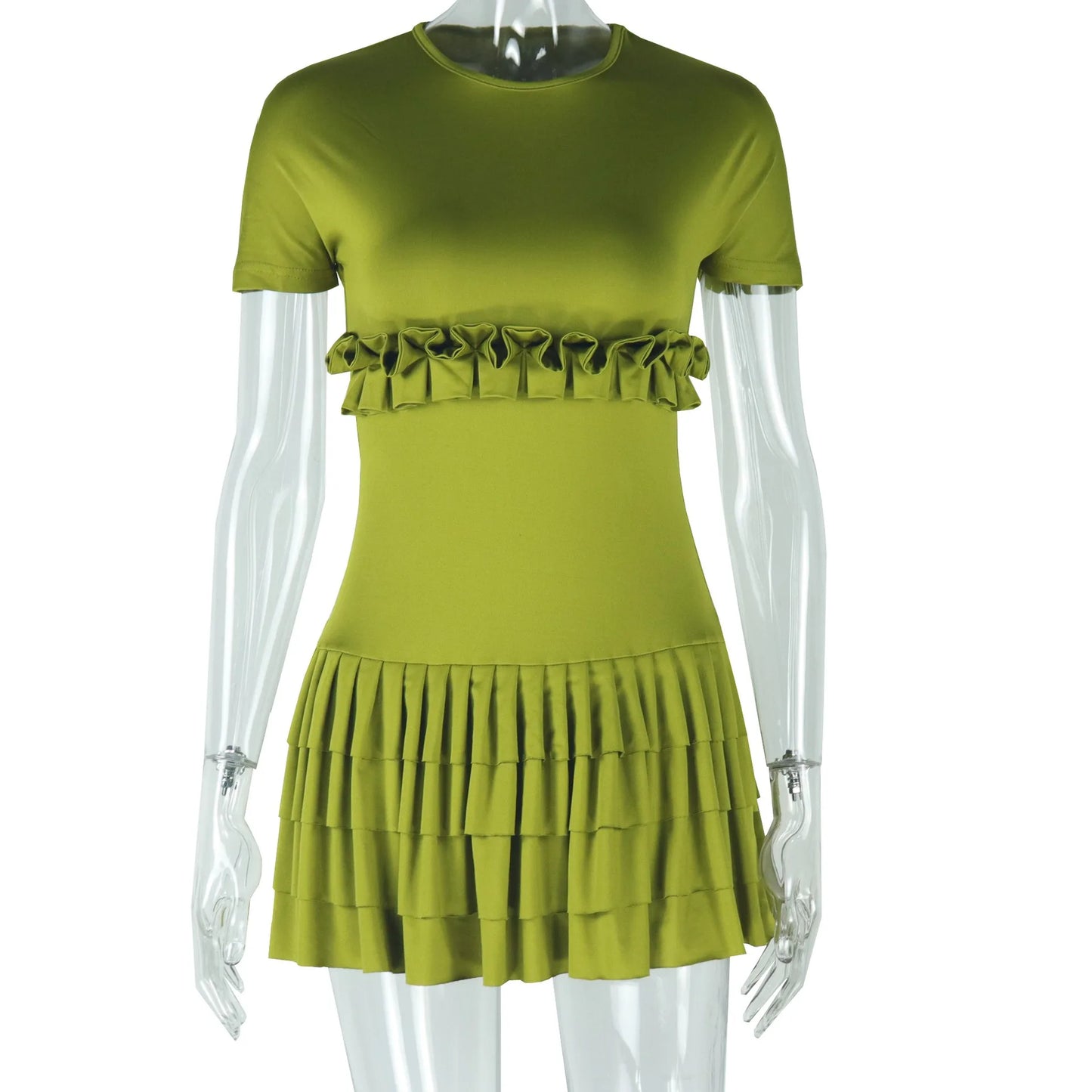 Amay Women's O-Neck Short Sleeve Pleated Mini Dress, Ruffled, Solid Color