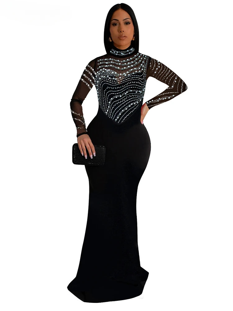 Amay Women's Crystal Embellished High Slit Long Maxy Dress Gown Glam Long Sleeve Diamonds Party Dress Celebrities Outfits