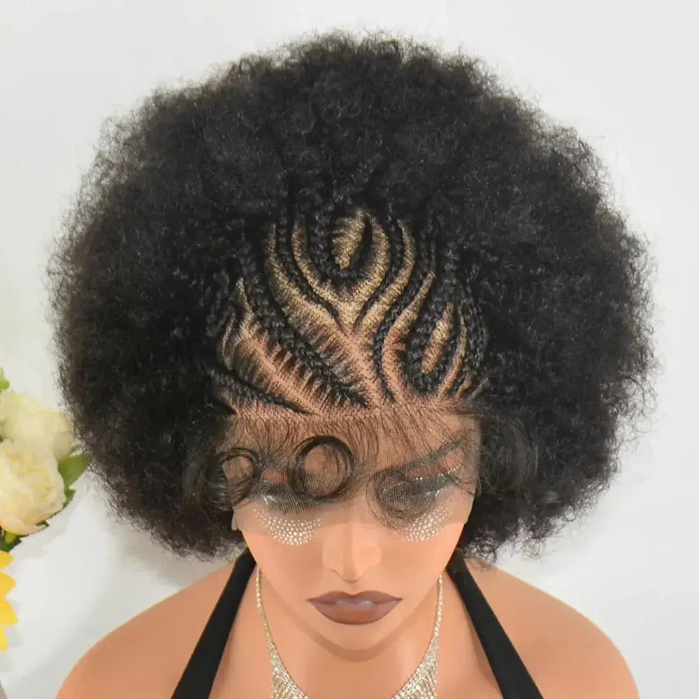 Maxy 250% Density 13x6 Lace Frontal Braided Wig Afro Kinky Curly Synthetic Wig Baby Hair Fluffy Curled Striped Braided Curly wig
