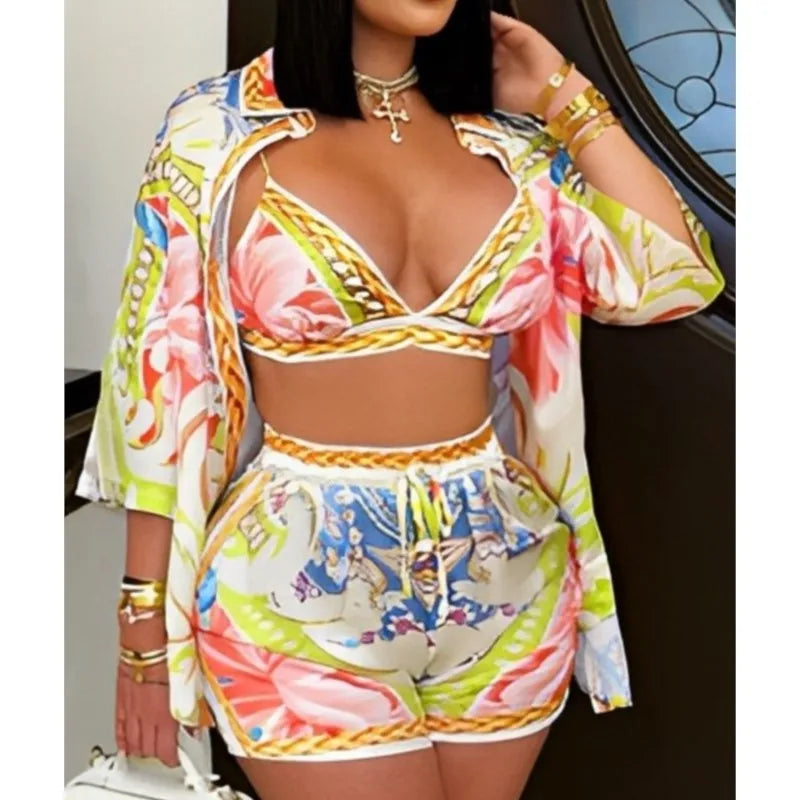 Maxy Women Printed Beach Style 3 Piece Sets Summer Lapel Three Quarter Sleeve Blouse+Bra+Shorts Matching Holiday Outfit Clothing