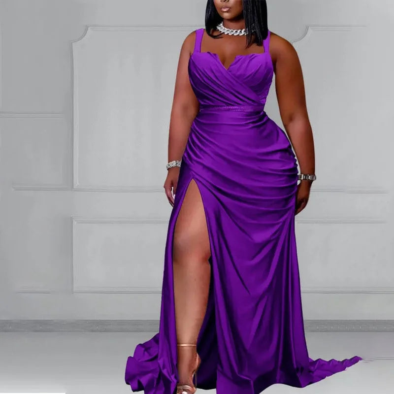 Maxy Plus Size Mercerized Cotton Sleeveless Front Slit Slip Dress For Women Purple Elegant Maxy Dresses Banquet Party Prom Gown