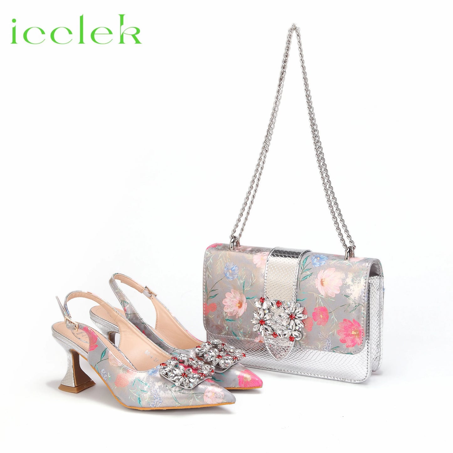 Maxy Silver Italian Design Noble Dual-Purpose Three-Dimensional Printing Flower Material Bag And Shoes For Nigeria Wedding Party