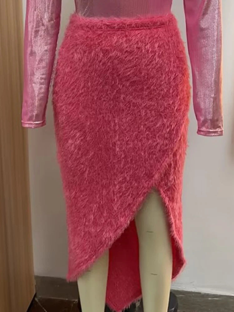 Maxy Faux Fur Pink Dress Set for Women Sparkly Mock Neck Long Sleeve Shirt Tops and Front Slit Wrapped Furs Skirt Sets Winter Trendy