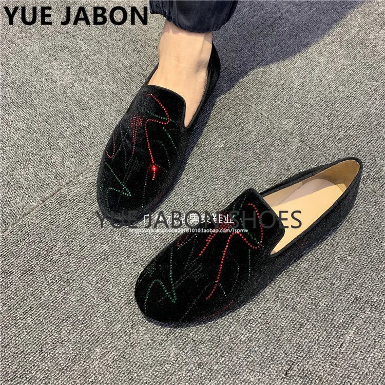 Visco New Fashion Men Rhinestone Shoes British Men's Flats Smoking Slippers Men Loafers Dress Shoes Black Casual Shoes Gladiator Mens