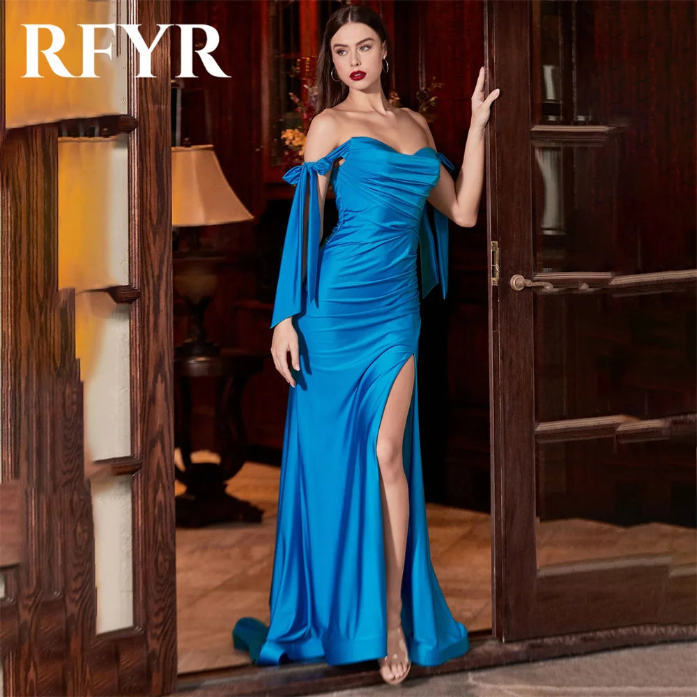 Maxy Red Evening Dresses for Party Satin Off the Shoulder Pleats Long Mermaid Prom Gowns Split Scoop Celebrity Dress Customized