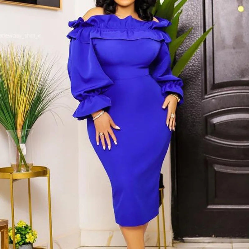 Maxy Autumn Off Shoulder Sexy One Word Collar Plus Size Hip Package Dress Ruffles Patchwork Puff Long Sleeve Solid Vestidos De Fiesta