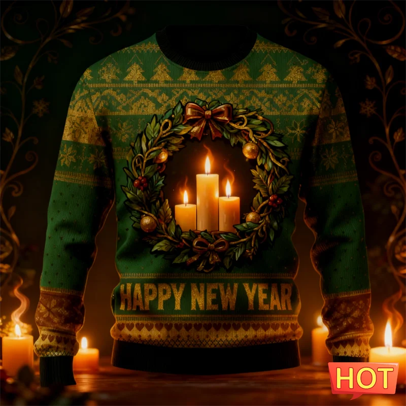 Maxy New Happy New Year Letters Sweatshirts Simple Fashion Holiday Wear 3D Printed Ugly Christmas Sweater Casual Oversized Tops