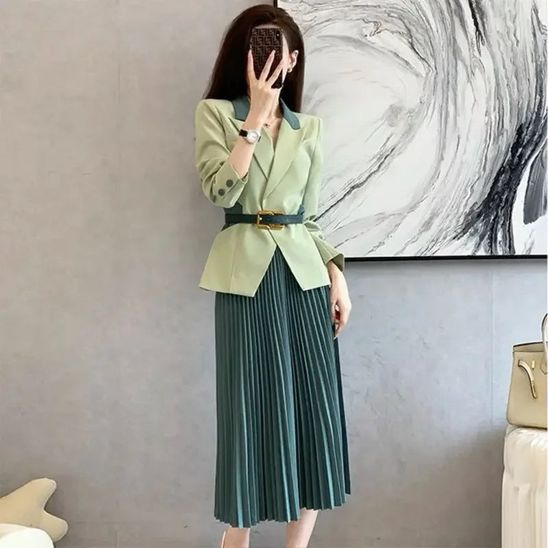 Maxy Pleated Skirt 2 Pieces Sets for Women Office Woman Outfit Midi Suits Jacket Y2k Streetwear Summer Clothes Stylish Korea