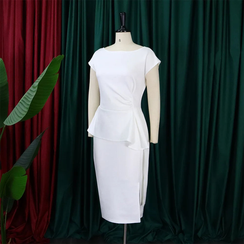 Ruffles Bodycon Dresses for Women Sleeveless Peplum Slit O Neck Spring Summer Office Ladies Elegant Fashion Date Daily Dress New
