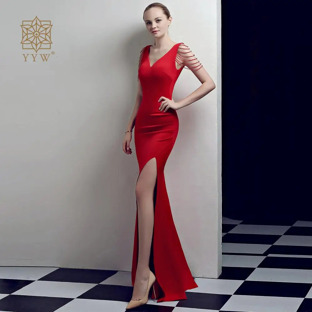 Maxy Evening Dress for Women Classic Beading V Neck Mermaid Ball Gown Satin Cocktail Party Vintage Elegant Long Maxy Side Slip Robe