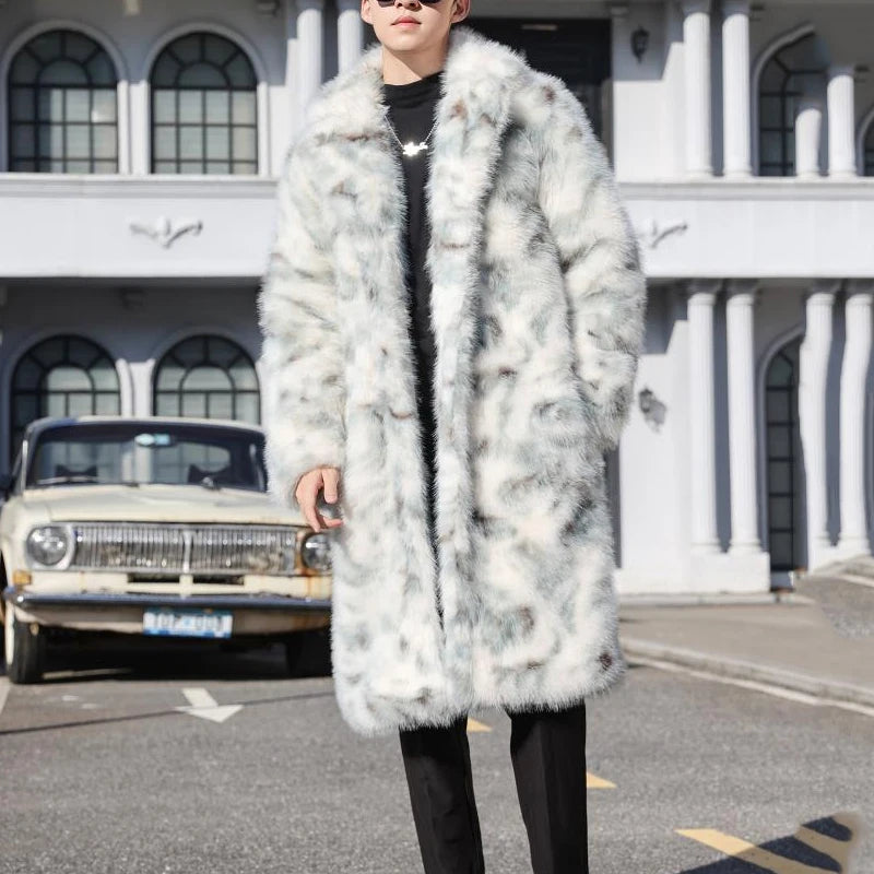 Visco Long Knee Length Faux Fur Coat Turn-down Collar Korea Fashion Contrast Color Long Sleeve Male Tops Jacket 21Z5563