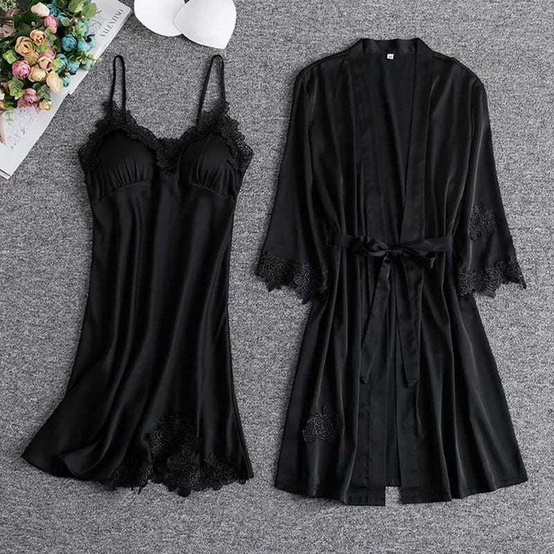 Maxy Lace Patchwork Kimono Bathrobe Set Female Sleepwear Twinset Robe Suit With Strap Nightgown Summer Perspective Nightwear Lingerie