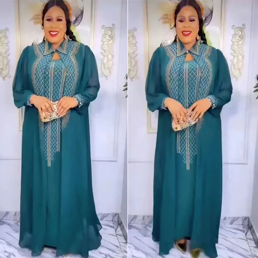 Maxy 2 Piece Set African Dresses for Women Evening Dress Diamonds Party Gown Dubai Abaya Kaftan Chiffon Wedding Outfit