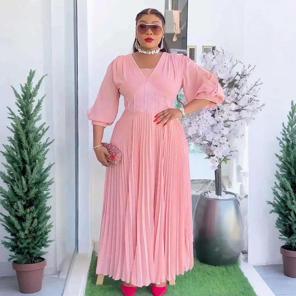 Aelegant African Dresses for Women Chiffon Pleated Long Evening Party Dress Wedding Gown Ankara Dashiki Africa Clothing Robe New