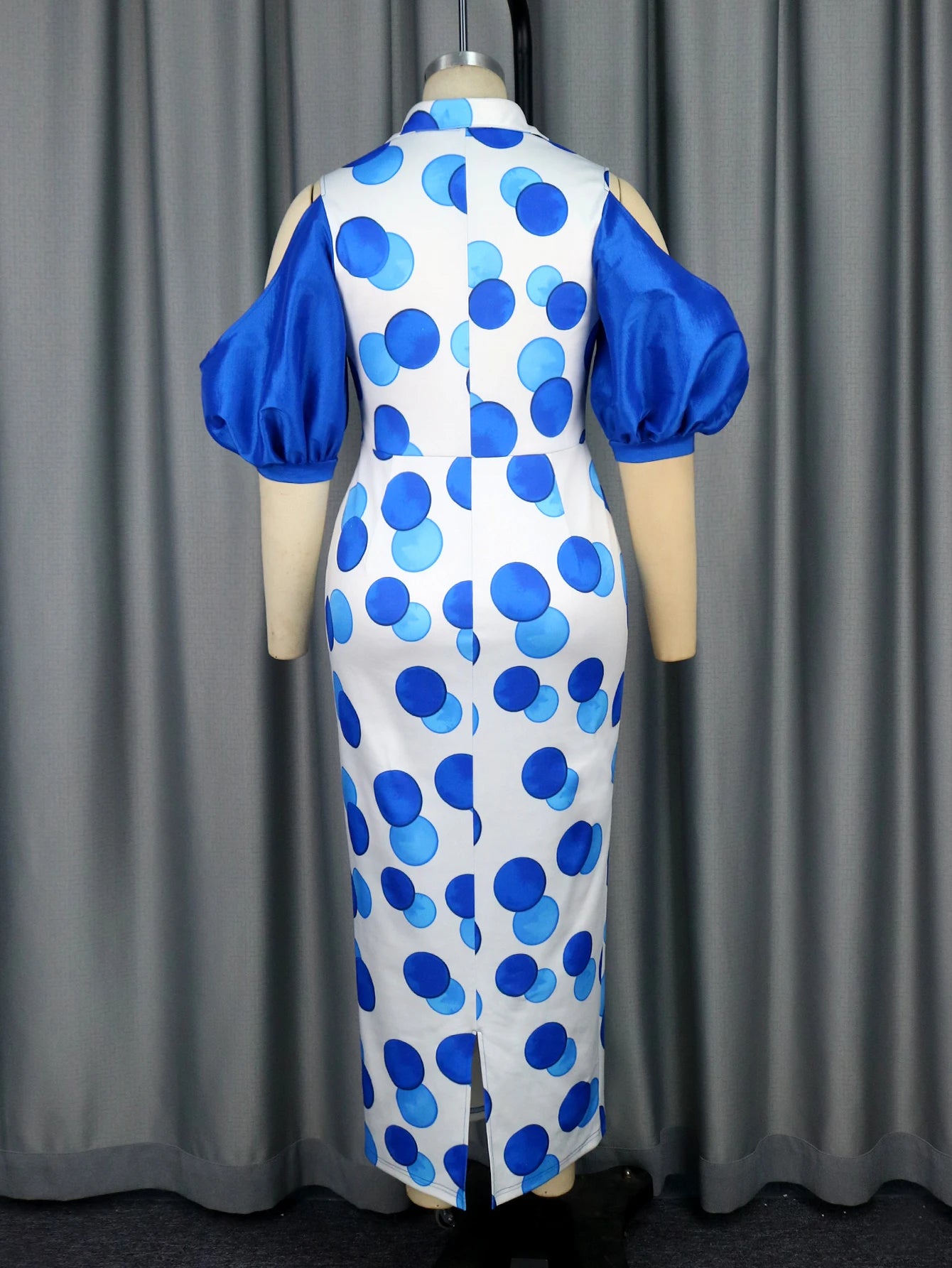 Babs Blue Bodycon Dresses V Neck Cut Out Lantern Sleeve Blue Polka Dot Patchwork Ankle Length Evening Event Party Gowns Dress