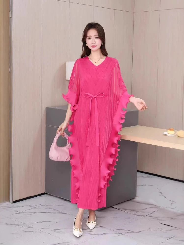 Maxy Autumn New Ruffles Pleated Dress Women V Neck Hanging Loose Style Dresses with Belt Female Elegant Clothing 9R3802