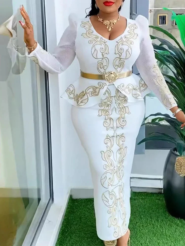 Amay Women Wedding Bride Party Maxy Dress V Neck Luxury Hot Drill Long Sleeve Ruffle Hem Package Hip Elegant Evening Event Celebrate Gowns