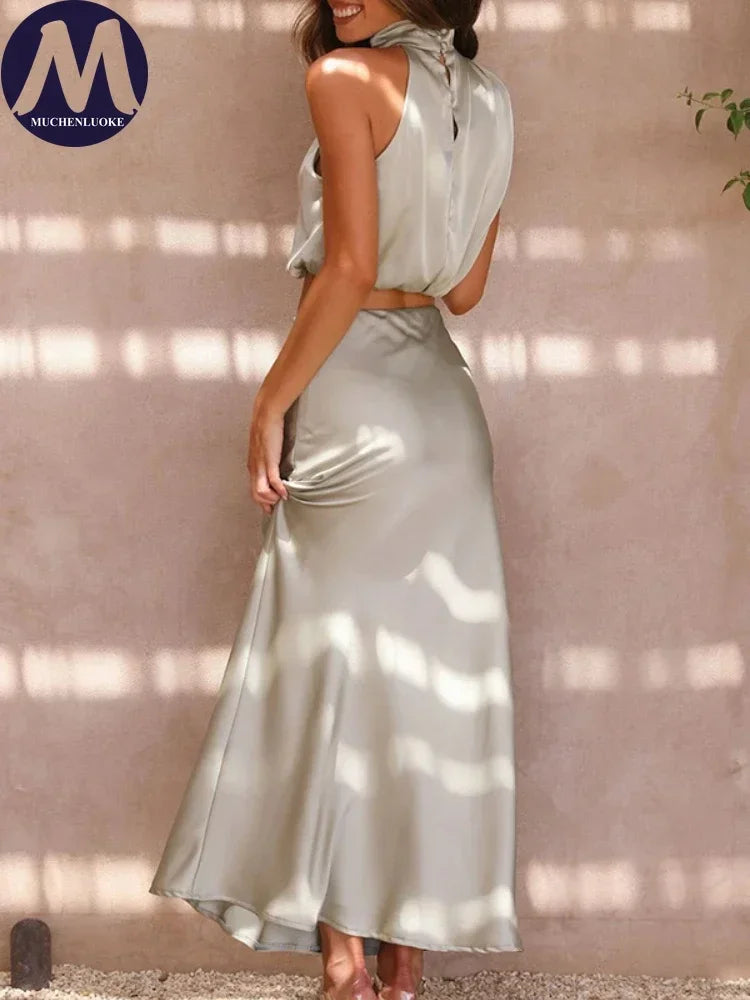 Maxy Women's Sleeveless Neck Hanging Tops Suits Slim Fit Evening Dress Sets Leisure Summer New Fashion 2 Pieces