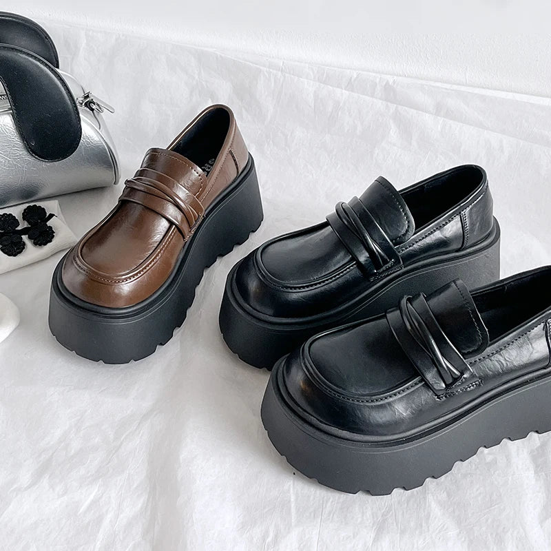 Maxy Women Shoes Autumn British Style Clogs Platform Oxfords Loafers With Fur Slip-on Fall New Preppy Creepers Leather Retro Slip On