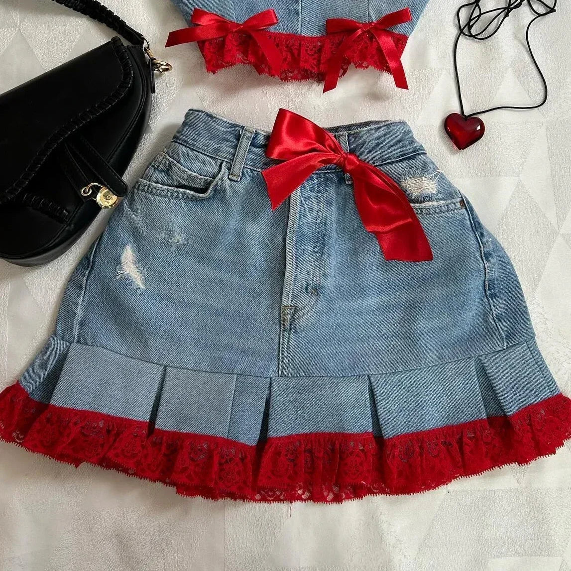 Maxy Two Piece Sets Women Outfits Y2K Pu Leather Spliced Denim Black Skirt Sets New Harajuku Gothic Sexy Zipper Jacket Mini Skirt