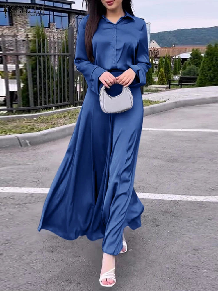Maxy ZANZEA Vintage Satin Silk Dress Suit Fashion Solid Shirt Outfits Swing Skirt Sets Casual Loose Buttons Holiday Office 2pcs Sets