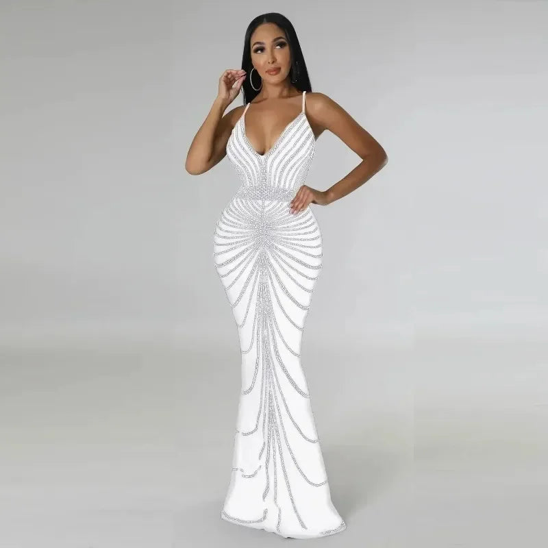 Maxy Women's Diamond Rhinestone Sleeveless V-neck Mermaid Maxi Dress Sexy Club Party Evening Gown Trumpet Style