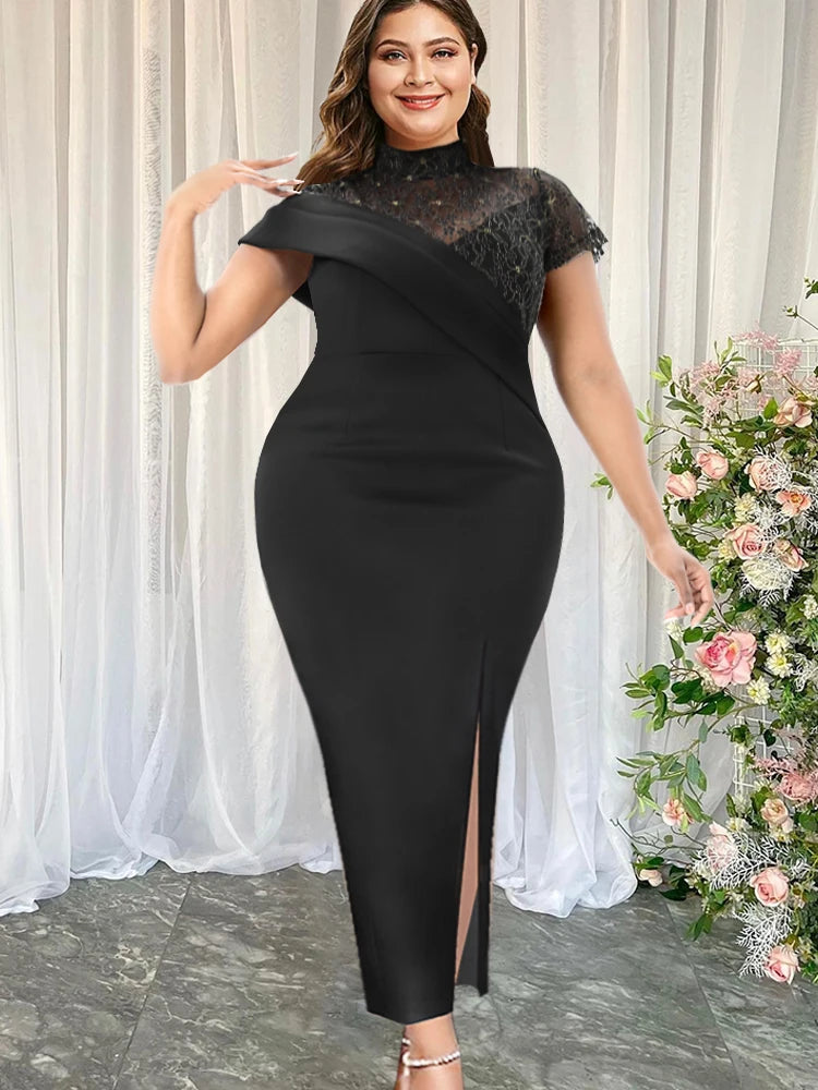 Maxy Size Elegant Evening Party Dresses Women Black Lace Patchwork Short Sleeve Stand Neck Slit Summer Stylish Celebrity Gowns