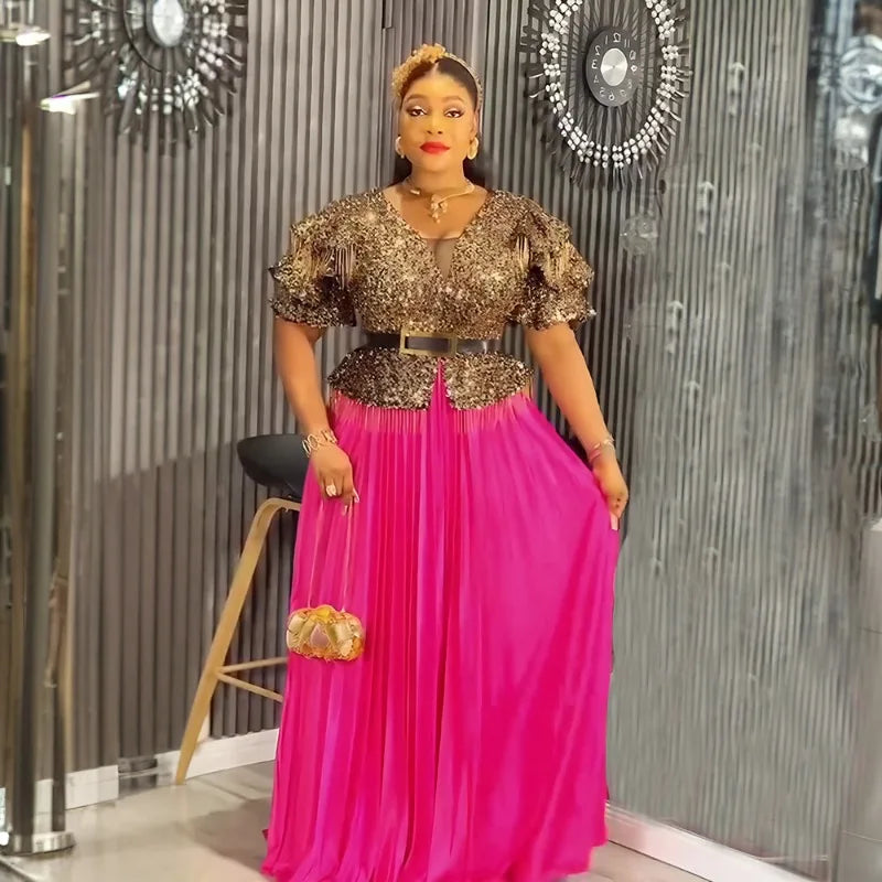Maxy Plus Size African Women's Sequined Long Maxy Dress Short Sleeve V Neck Elegant Hem Pleated Big Swing Party Dress Dubai
