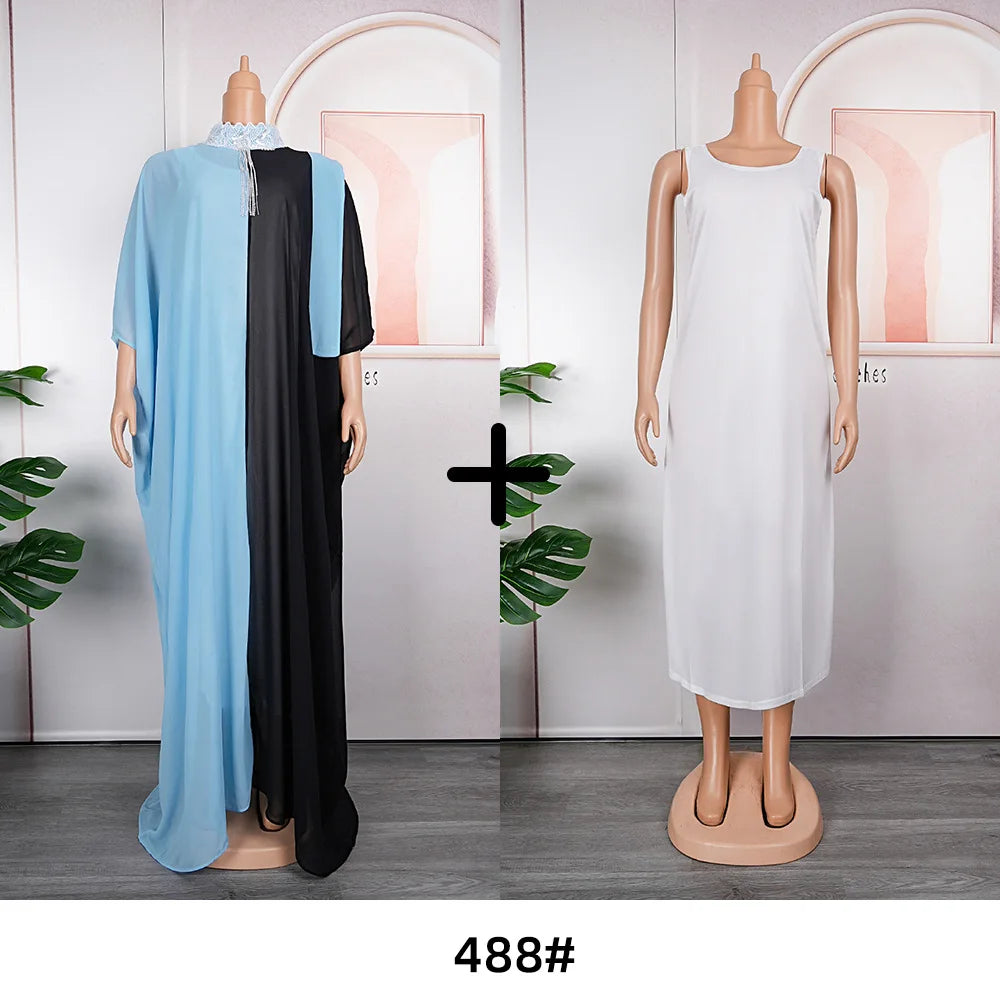 Maxy Loose Dress Contrast Color with Inside Vest Female Church Event Dresses Occasion Half Sleeves Elegant Classy Modest Summer New